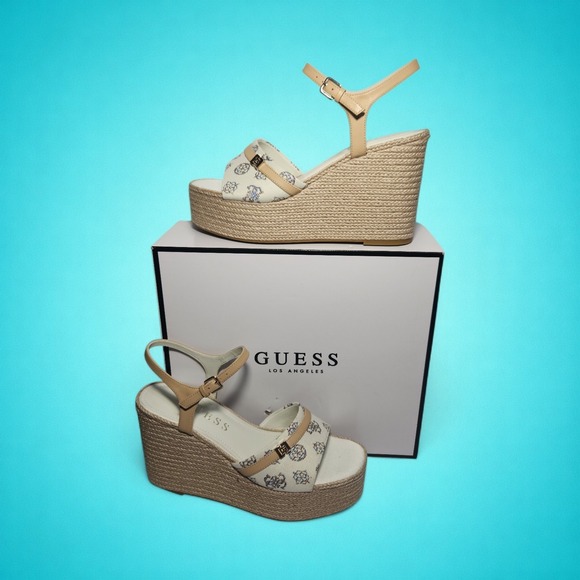 New Guess Women's Taani White/Beige Rainbow Logo Platform Wedge Sandals, 11 M - Picture 3 of 9